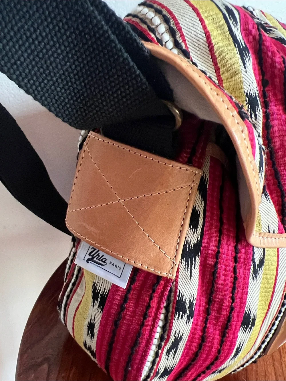 Carven southwestern leather trimmed Woven Crossbody Tan Trim adjusting strap